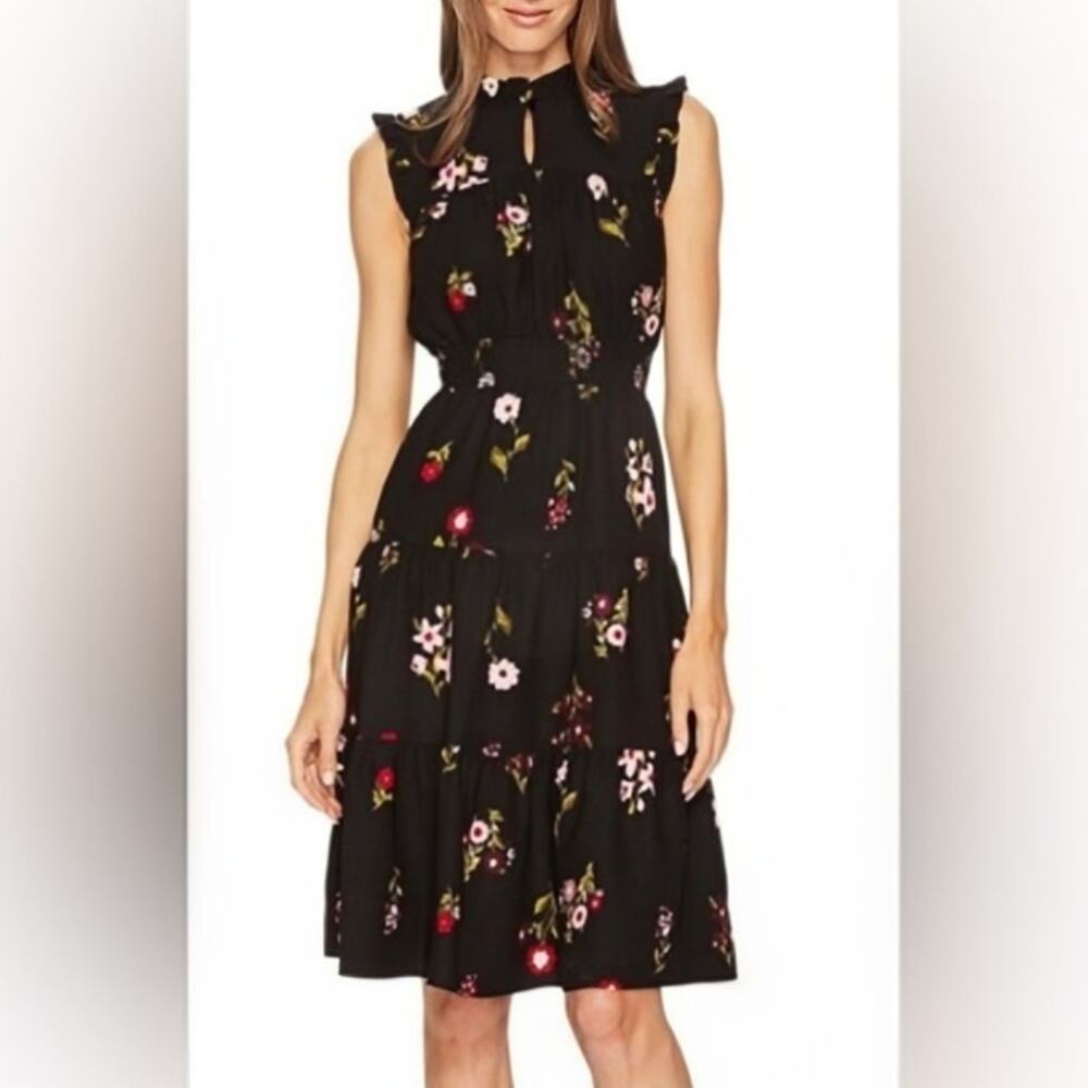 Kate Spade Ma Cherie In Bloom Black Floral Smocked Waist Tiered A Line Dress